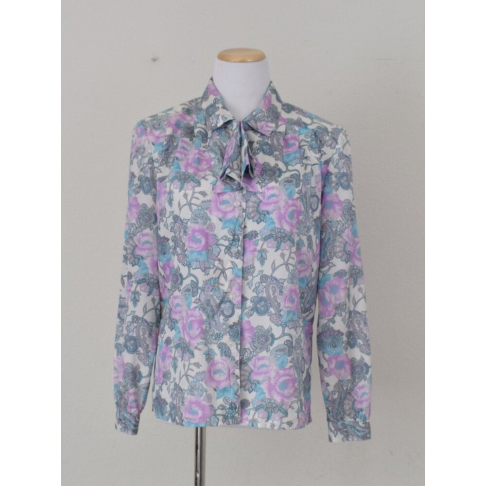 Vintage 70s Floral‎ Paisley Pastel Secretary Blouse / Detachable Bow - Picture 4 of 10